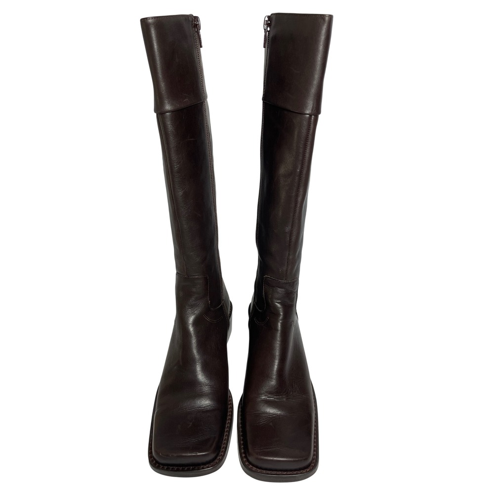 Nine West Dark Brown Leather Square Toe Knee High Boots Low Block Heel 7.5 M